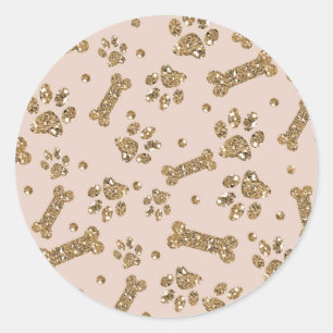 Gold Glitter Beige Blush Pet Paw Bone Puppy Dog Classic Round Sticker
