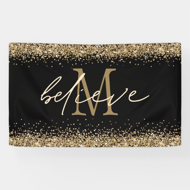 Gold Glitter Believe Script Monogram Initial Black Banner (Horizontal)