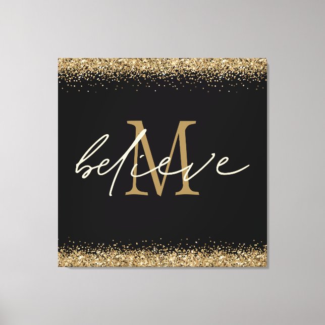 Gold Glitter Believe Script Monogram Initial Black Canvas Print (Front)