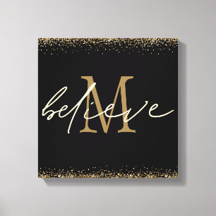 Gold Glitter Believe Script Monogram Initial Black Canvas Print
