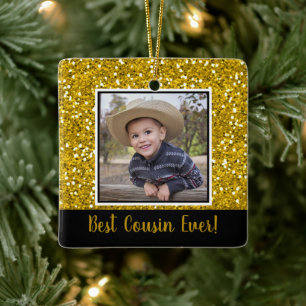Gold Glitter Best Cousin Ever Christmas Ceramic Ornament