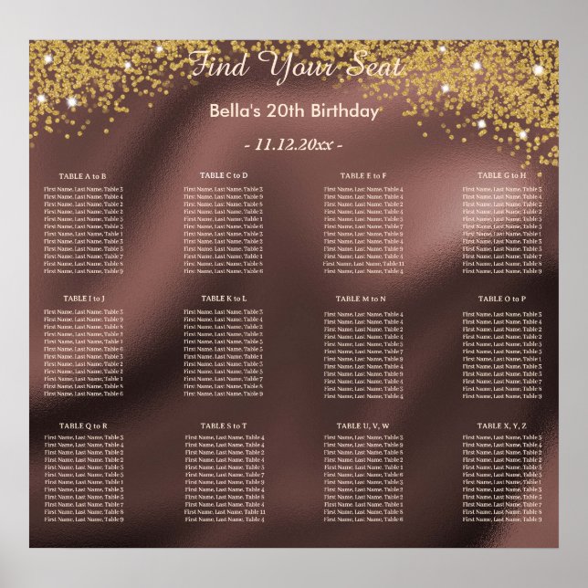 Gold Glitter Birthday Alphabetic Seating Plan  Poster (Front)