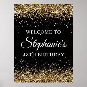 Gold Glitter Black 18th Birthday Party Welcome Poster