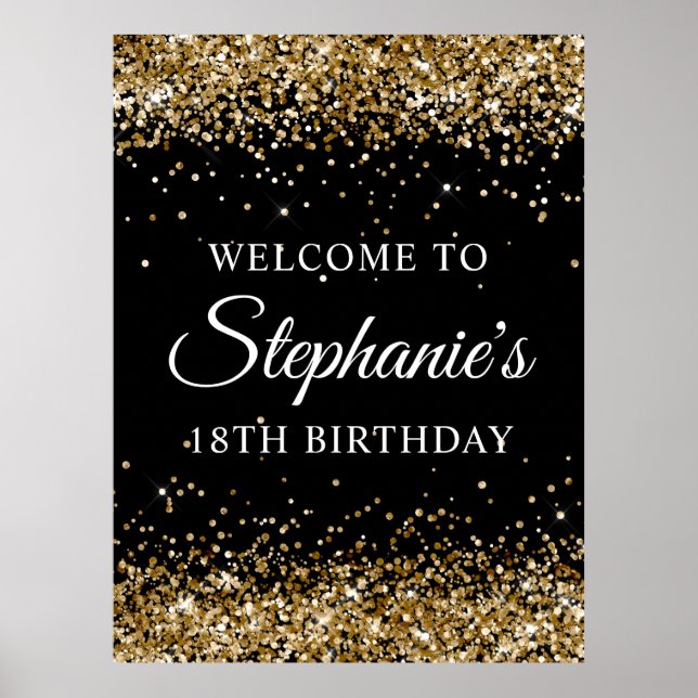 Gold Glitter Black 18th Birthday Party Welcome Poster (Front)