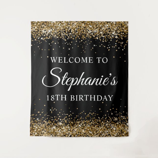 Gold Glitter Black 18th Birthday Party Welcome Tapestry (Front)