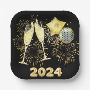 Gold Glitter Black 202ew Year's Eve Party  Paper Plate