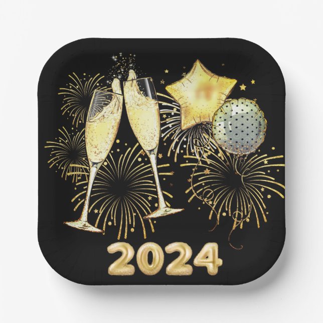 Gold Glitter Black 202ew Year's Eve Party  Paper Plate (Front)