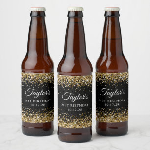 Gold Glitter Black 21st Birthday Beer Bottle Label