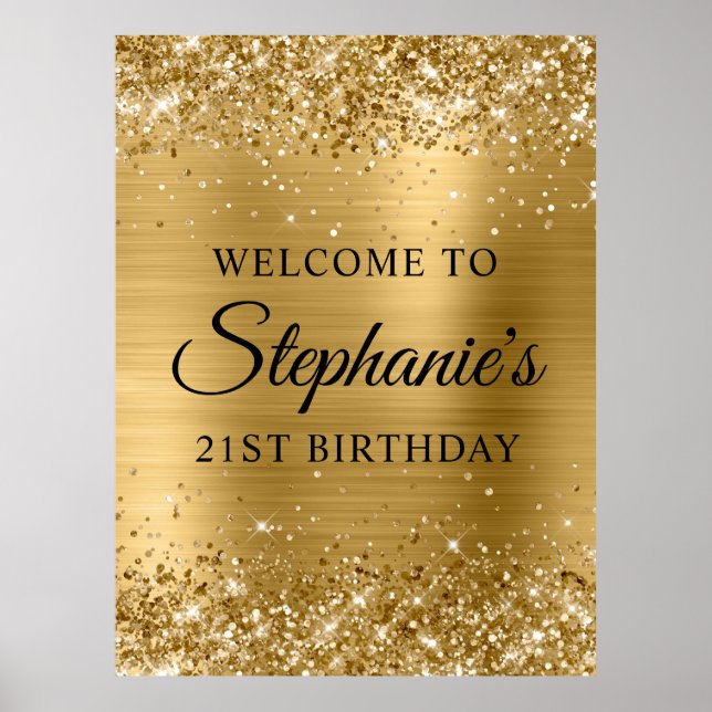 Gold Glitter Black 21st Birthday Party Welcome Poster (Front)
