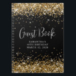 Gold Glitter Black 40th Birthday Guest Notebook<br><div class="desc">Create your own birthday celebration guest book decorated cover blank notebook for her special day.
Faux golden glitter on a customisable solid black colour background.
The faux sparkles and glitter are digital graphics that print like a photo.
Customise the "Guest Book" calligraphy font style,  size or colour to match.</div>