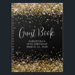 Gold Glitter Black 40th Birthday Guest Notebook<br><div class="desc">Create your own birthday celebration guest book decorated cover blank notebook for her special day.
Faux golden glitter on a customisable solid black colour background.
The faux sparkles and glitter are digital graphics that print like a photo.
Customise the "Guest Book" calligraphy font style,  size or colour to match.</div>
