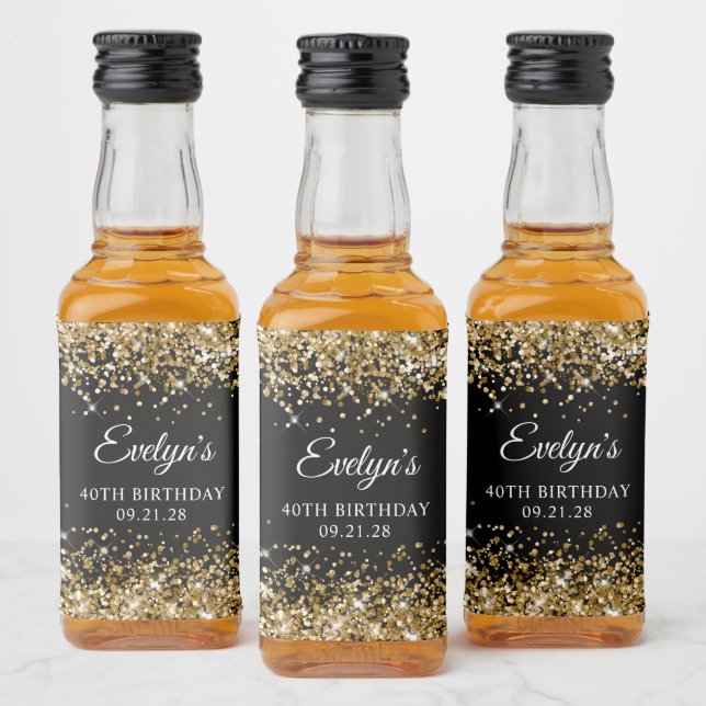 Gold Glitter Black 40th Birthday Liquor Bottle Label (Bottles)