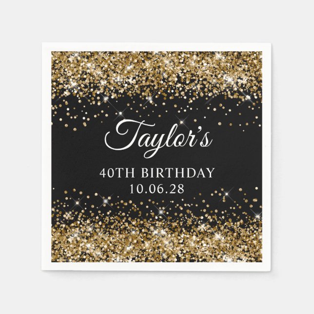 Gold Glitter Black 40th Birthday Napkin (Front)
