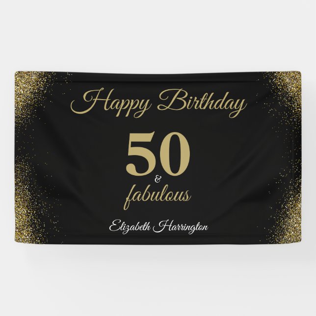 Gold Glitter Black 50 And Fabulous Birthday Banner (Horizontal)