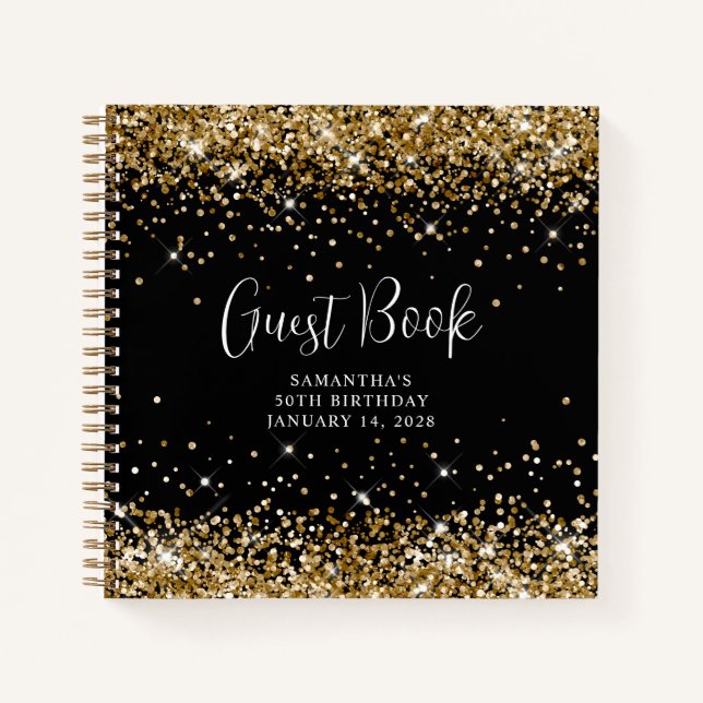 Gold Glitter Black 50th Birthday Guest Notebook (Front)