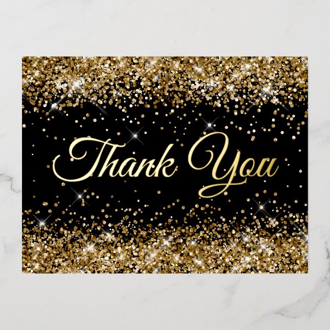 Gold Glitter Black 50th Birthday Thank You Foil Invitation Postcard (Front)