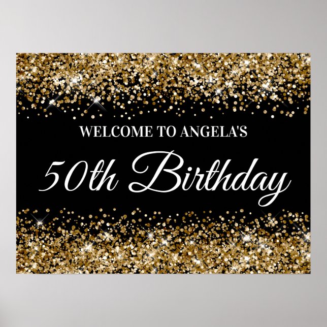 Gold Glitter Black 50th Birthday Welcome Poster (Front)