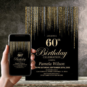 Gold Glitter Black 60th Birthday Party Invitation