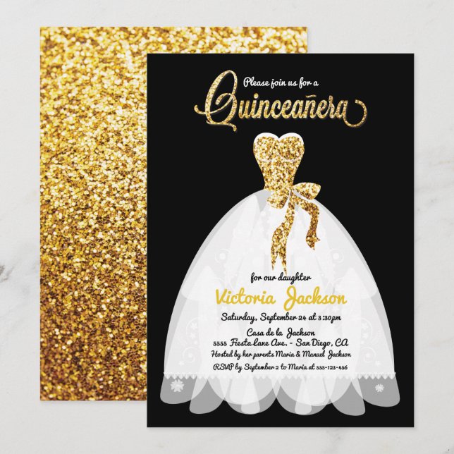 Gold Glitter black and whit Quinceañera Invitation (Front/Back)