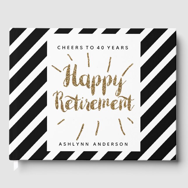 Gold Glitter Black and White Happy Retirement Guest Book (Front)