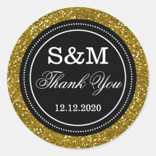 Gold Glitter Black And White Wedding Monogram Classic Round Sticker