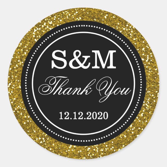 Gold Glitter Black And White Wedding Monogram Classic Round Sticker (Front)