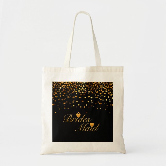 Gold Glitter Black Background Heart Bridesmaid Tote Bag (Front)