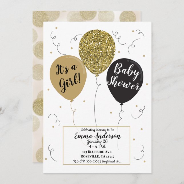 Gold Glitter Black Balloons Girl Baby Shower Invitation (Front/Back)