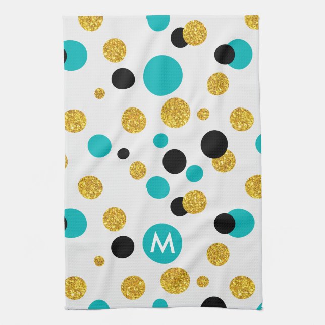 Gold Glitter, Black & Blue Circles Pattern Tea Towel (Vertical)