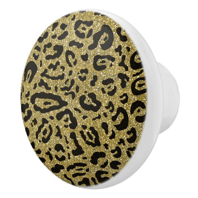 Gold Glitter Black Cheetah Leopard Animal Print Ceramic Knob (Right)