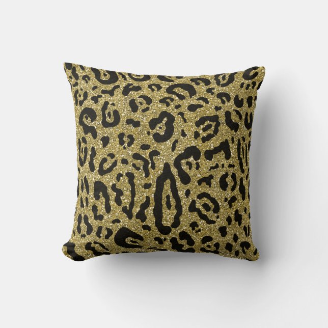 Gold Glitter Black Cheetah Leopard Animal Print Cushion (Front)