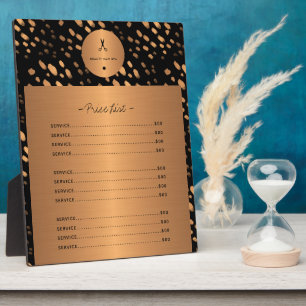 Gold glitter black copper hair salon services list plaque
