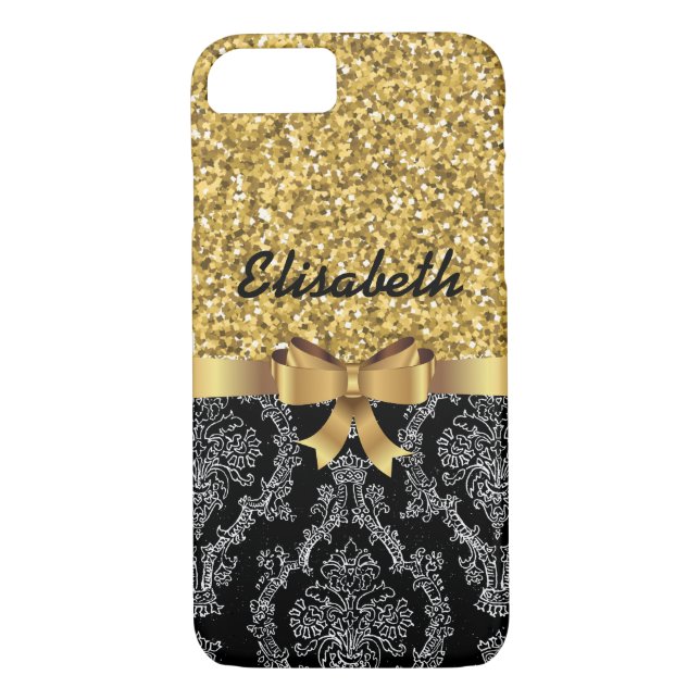GOLD GLITTER  BLACK DAMASK  GOLDEN BOW MONOGRAM Case-Mate iPhone CASE (Back)