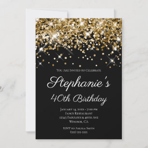 Gold Glitter Black Elegant 40th Birthday Invitation