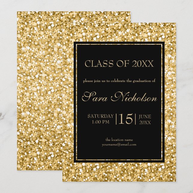 Gold Glitter Black Frame-Graduation Invitation (Front/Back)
