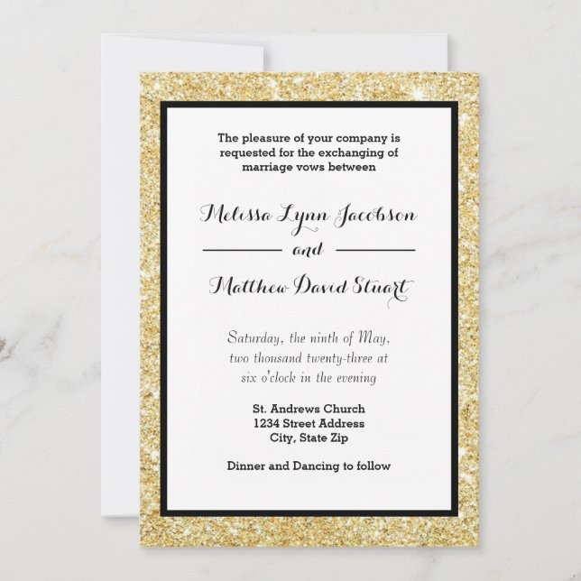 Gold Glitter & Black Frame - Wedding Invitation (Front)