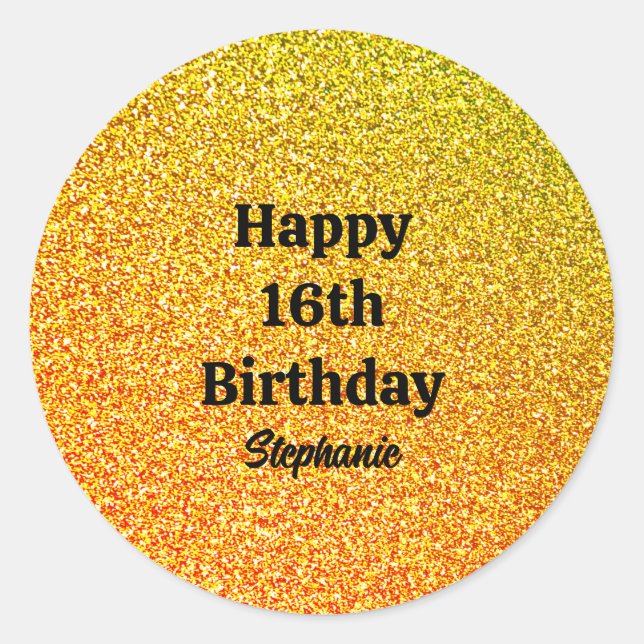 Gold Glitter Black Happy 16th Birthday Custom Name Classic Round Sticker (Front)