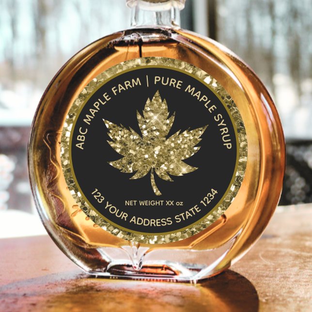 Gold Glitter & Black Maple Leaf Maple Syrup Label (Creator Uploaded)