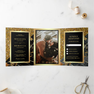 Gold Glitter Black Marble Photo Wedding Tri-Fold Invitation
