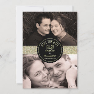 Gold Glitter & Black Modern Photo Save the Date