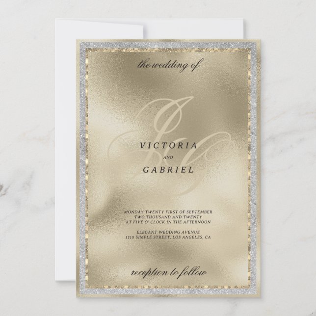 Gold glitter black monogram initial wedding  invitation (Front)