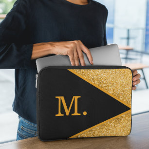 Gold Glitter Black Monogram Laptop Sleeve
