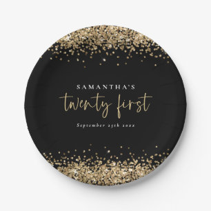 Gold Glitter Black Name Date Twenty First Party Paper Plate