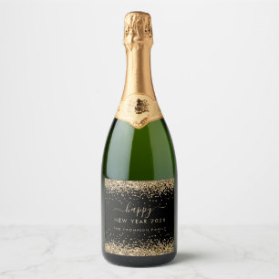 Gold Glitter Black Name Happy New Year 2026 Sparkling Wine Label