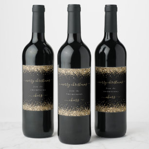 Gold Glitter Black Name Merry Christmas Wine Label