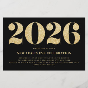 Gold Glitter Black New Year's Eve Party Invitation