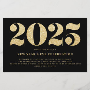 Gold Glitter Black New Year's Eve Party Invitation