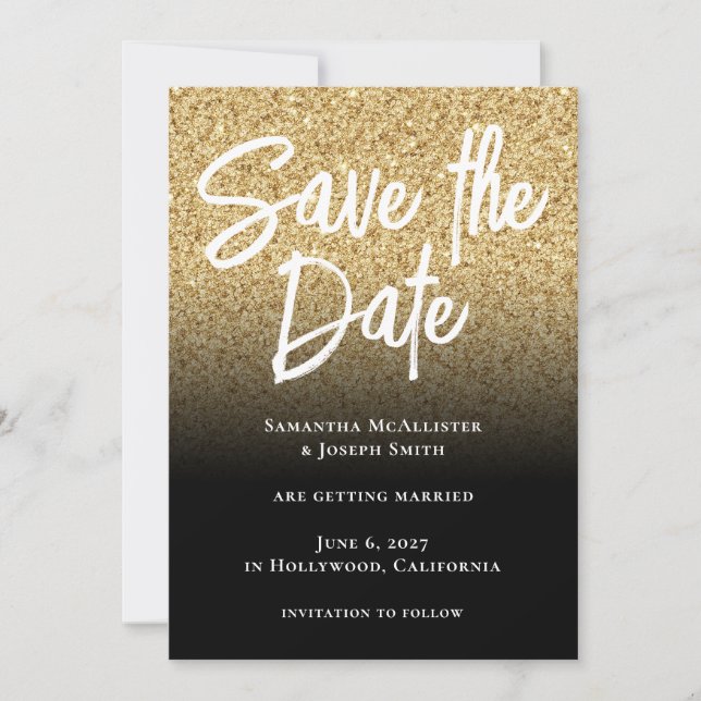 Gold Glitter Black Ombre Save The Date (Front)