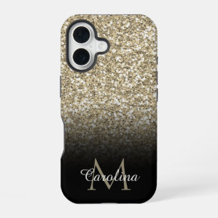 Gold Glitter, Black, Personalised iPhone 16 Case