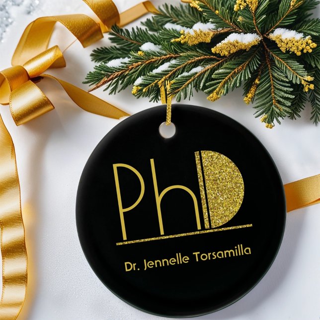 Gold Glitter Black PhD Graduation Ceramic Tree Decoration (Gift this PhD keepsake ornament to your graduate.)